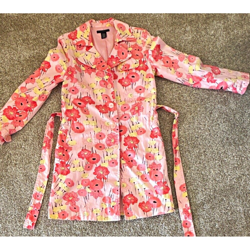 Apostrophe Women’s Pink Floral Belted Trench Coat Lined Stretch Mid-Length M
